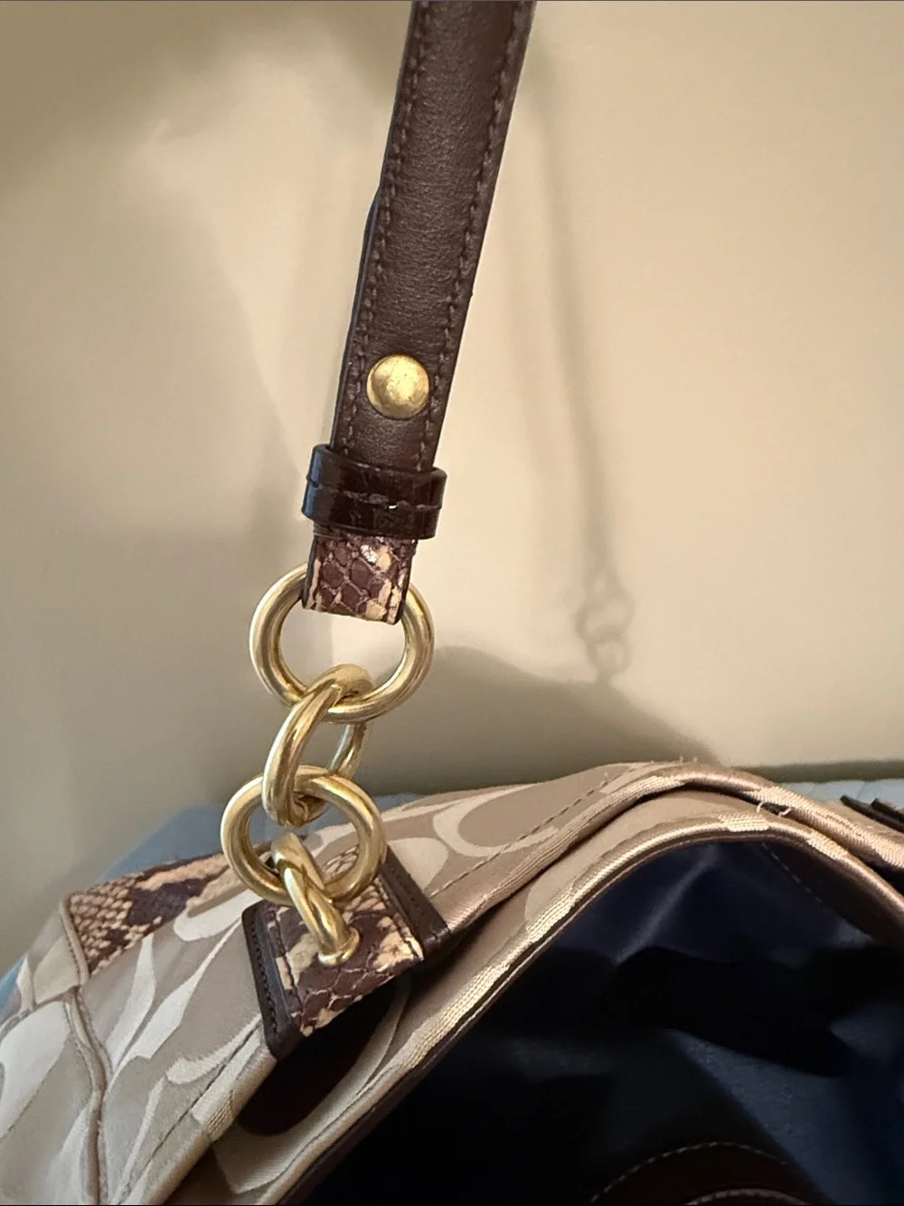 Coach Beige Signature Canvas Shoulder Tote with Dark Brown Trim